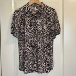 Anne Klein Animal Print Button-Up Short Sleeve Blouse Women's Sz Large WorkChic
